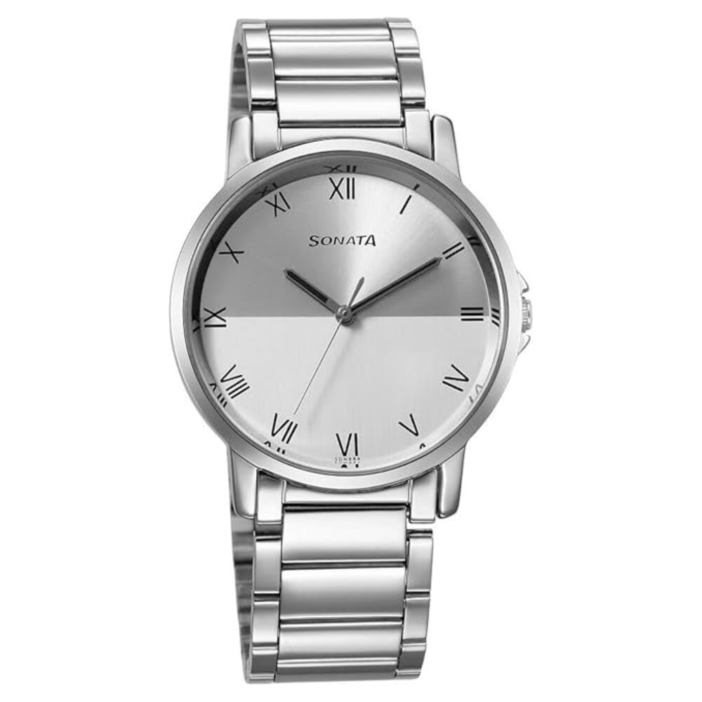 Sonata 77083SM06 Quartz Analog Silver Dial Stainless Steel Strap Men's Watch