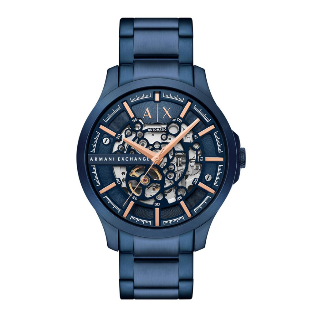 Armani Exchange AX2457I Men's Automatic Skeleton Watch Blue Dial Blue Stainless Steel Bracelet