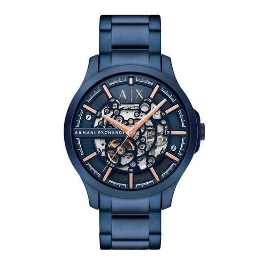 Armani Exchange AX2457I Men's Automatic Skeleton Watch Blue Dial Blue Stainless Steel Bracelet
