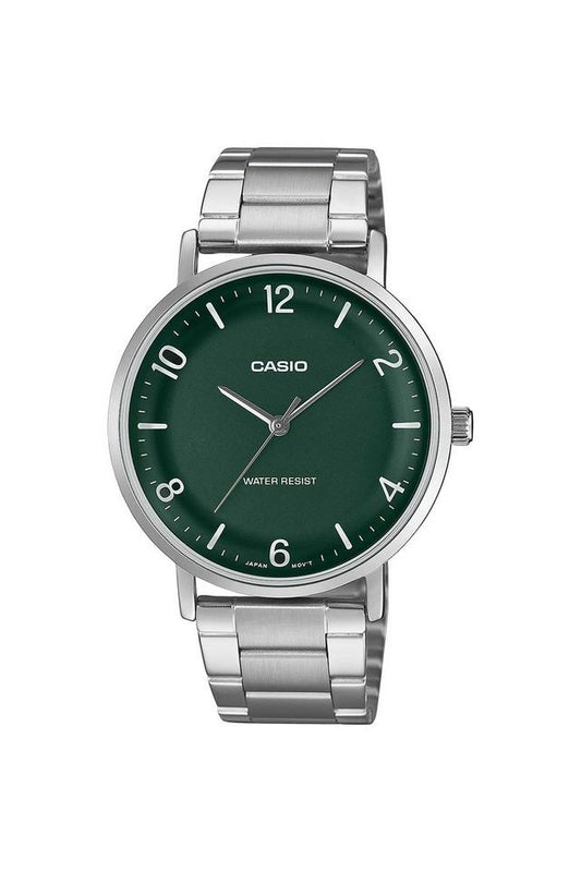 Casio A2406 Men’s Quartz Analog Watch with Green Dial, Silver Stainless Steel Strap