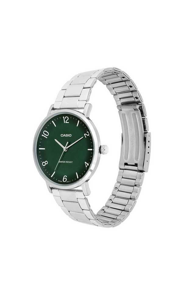 Casio A2406 Men’s Quartz Analog Watch with Green Dial, Silver Stainless Steel Strap