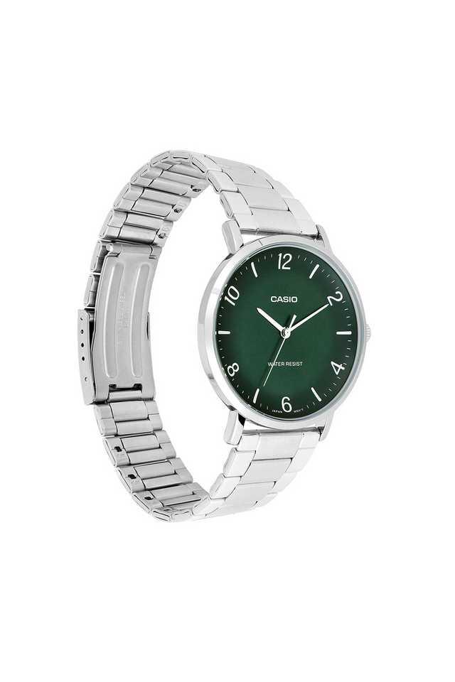 Casio A2406 Men’s Quartz Analog Watch with Green Dial, Silver Stainless Steel Strap