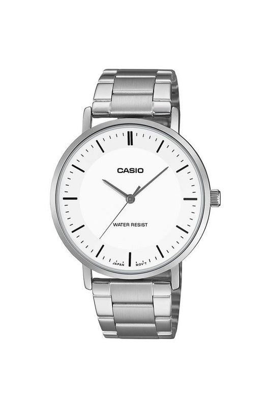 Casio A2412 Men’s Quartz Analog Watch with White Dial & Silver Stainless Steel Strap