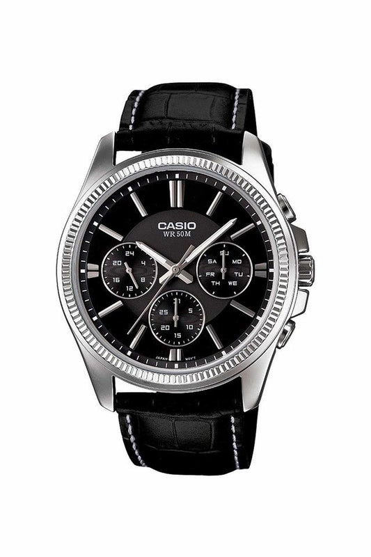 Casio A838 Enticer Quartz Analog Men’s Watch with Black Dial, Black Leather Strap, Multi-Function Sub-Dials