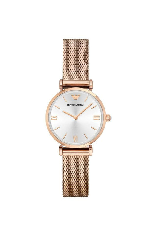 Emporio Armani AR1956 Gianni T-Bar Women's Silver Dial Rose Gold Mesh Stainless Steel Watch