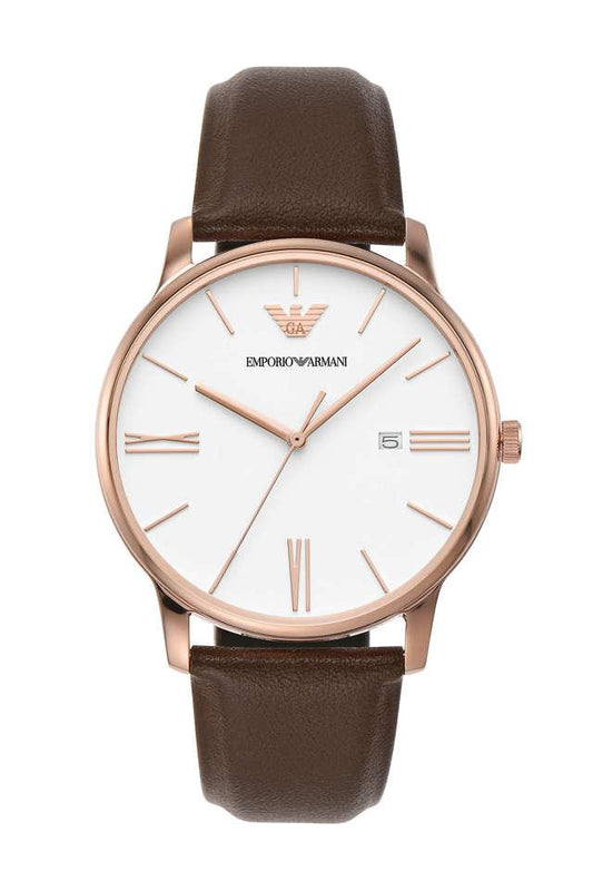 Emporio Armani AR11572I Minimalist Men's White Dial Brown Leather Analog Watch