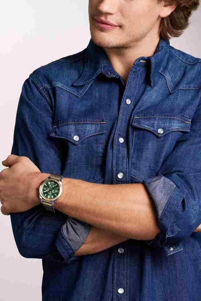 Fossil FS6106I Men's Quartz Chronograph Watch Green Dial Two-Tone Stainless Steel Strap