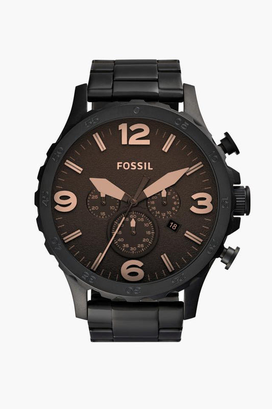Fossil JR1356I Men's Quartz Chronograph Watch Brown Dial Black Stainless Steel Strap