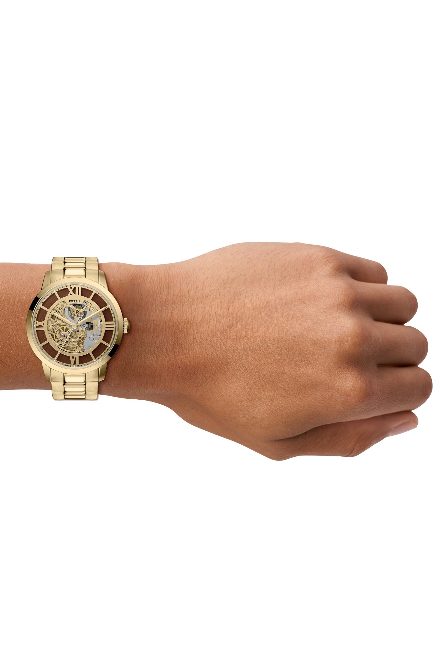 Fossil ME3280I Men's Automatic Skeleton Watch Gold Dial Gold Stainless Steel Strap