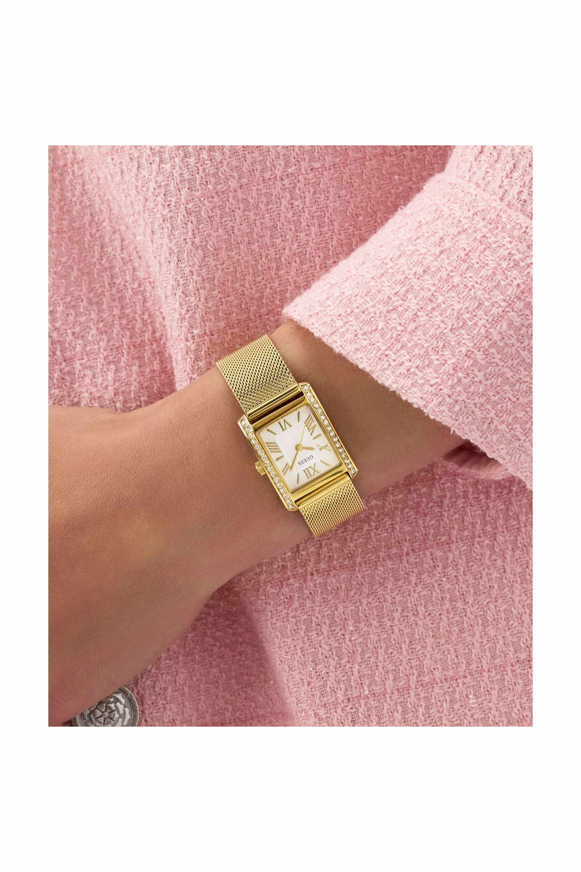 GUESS GW0997L2 Bonnet Women's Quartz Analog Watch White Dial Gold-Tone Stainless Steel Mesh Bracelet
