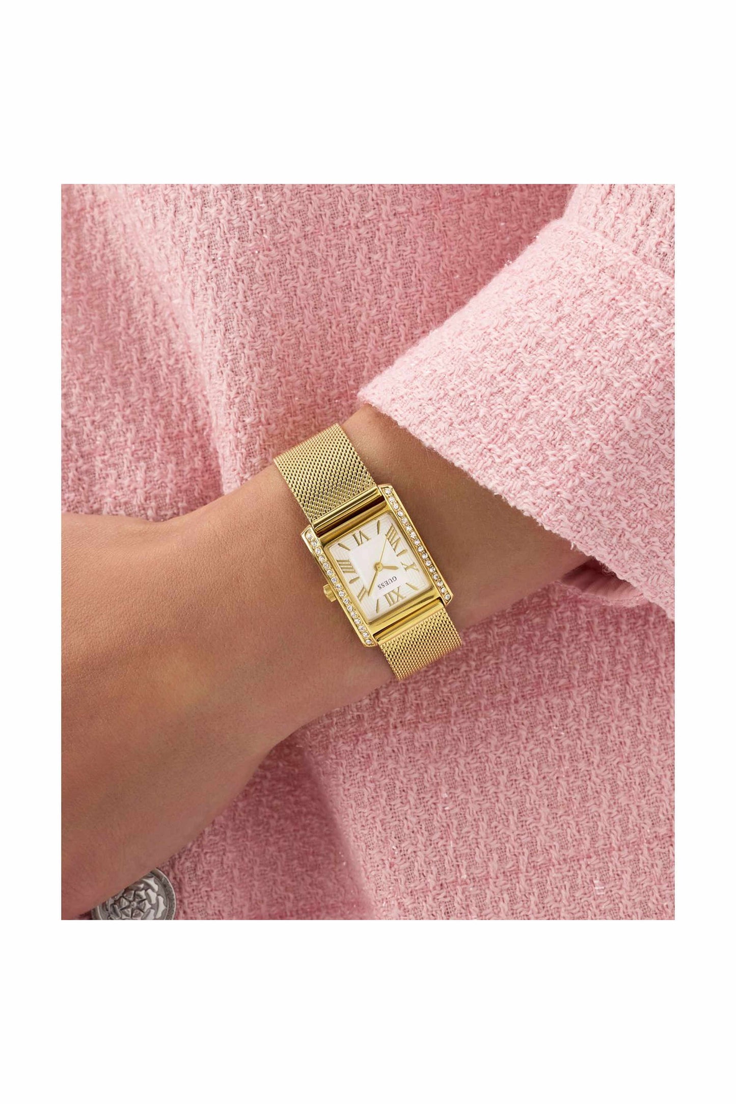 GUESS GW0997L2 Bonnet Women's Quartz Analog Watch White Dial Gold-Tone Stainless Steel Mesh Bracelet