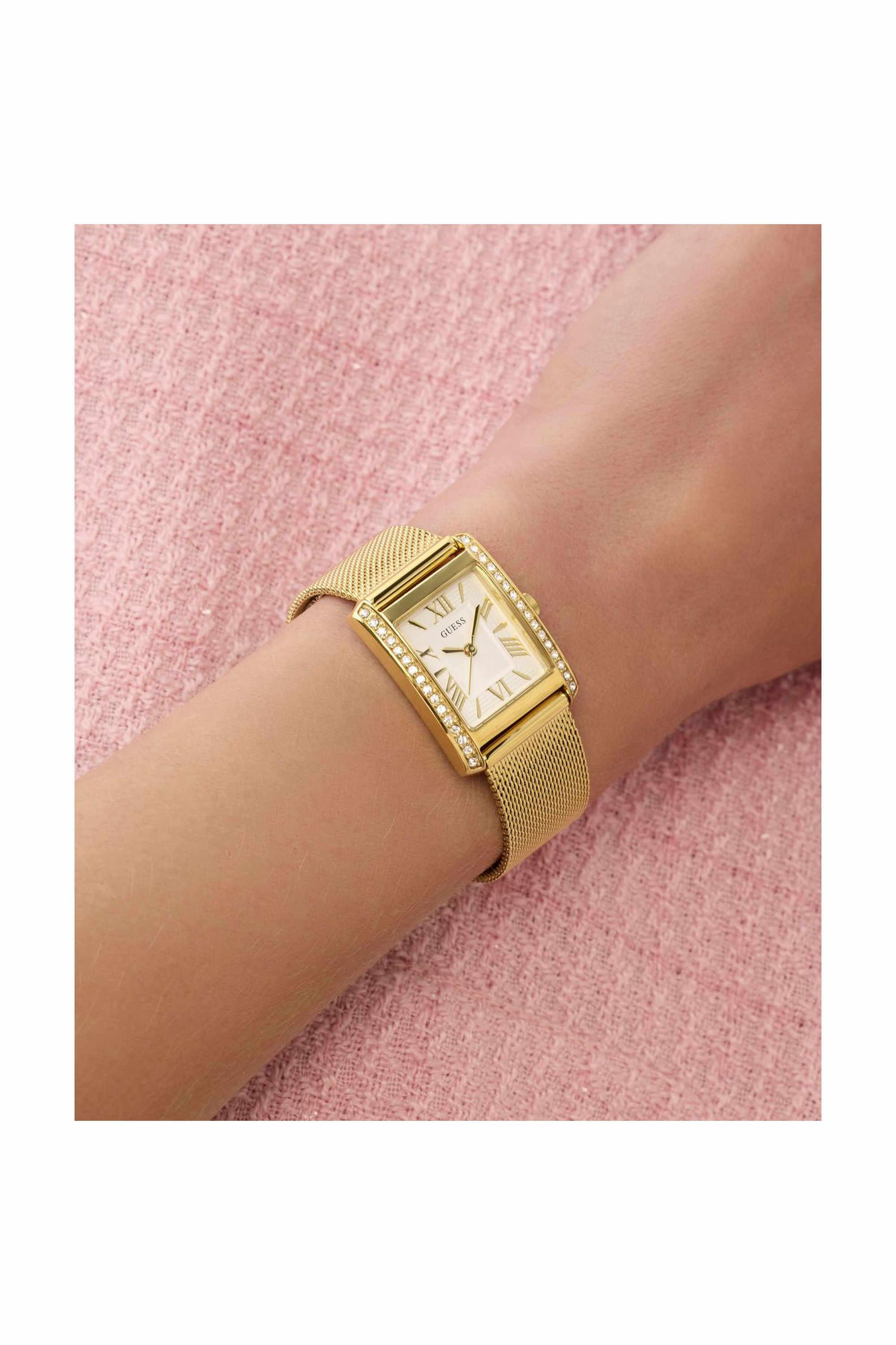 GUESS GW0997L2 Bonnet Women's Quartz Analog Watch White Dial Gold-Tone Stainless Steel Mesh Bracelet