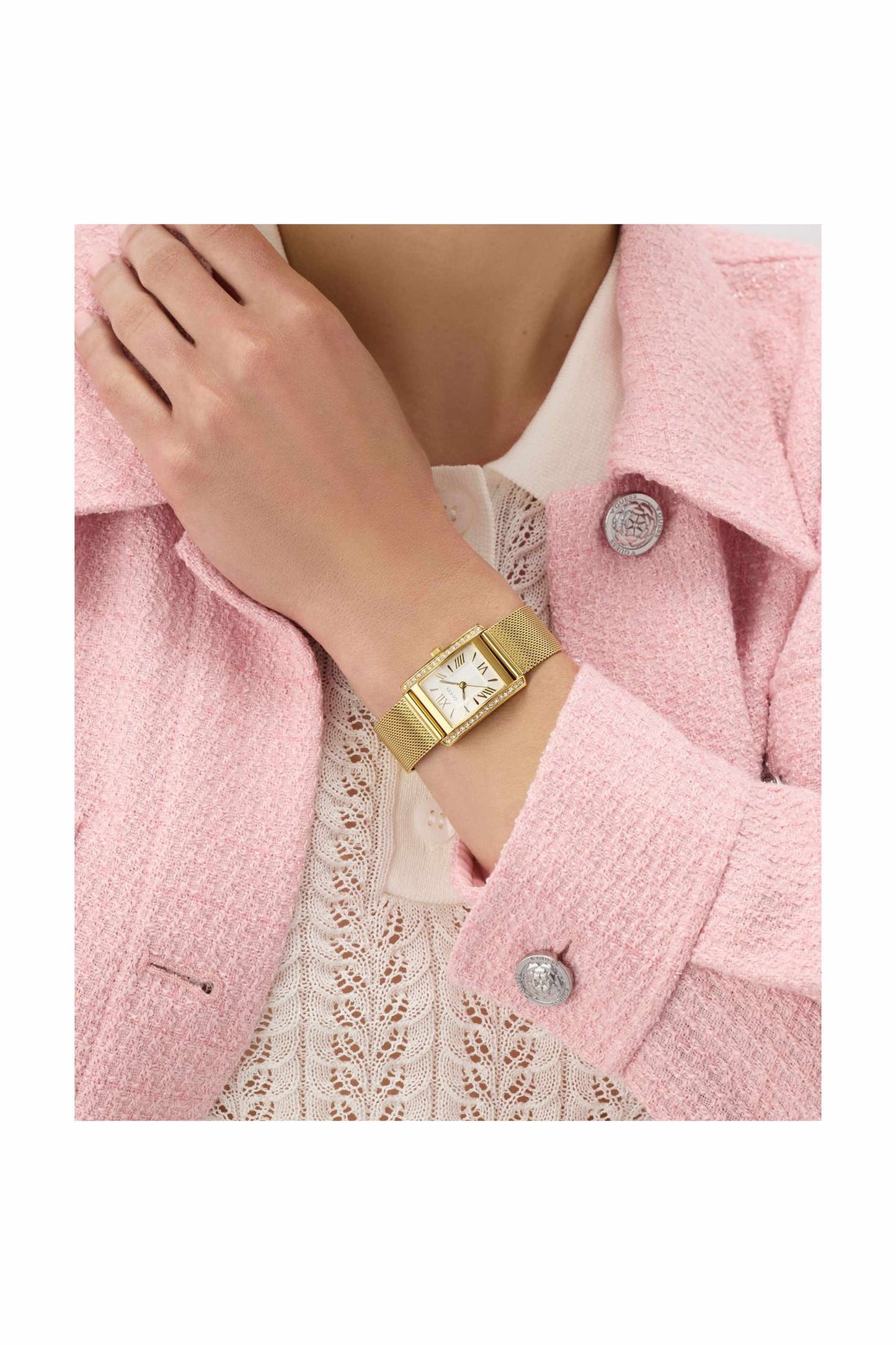 GUESS GW0997L2 Bonnet Women's Quartz Analog Watch White Dial Gold-Tone Stainless Steel Mesh Bracelet
