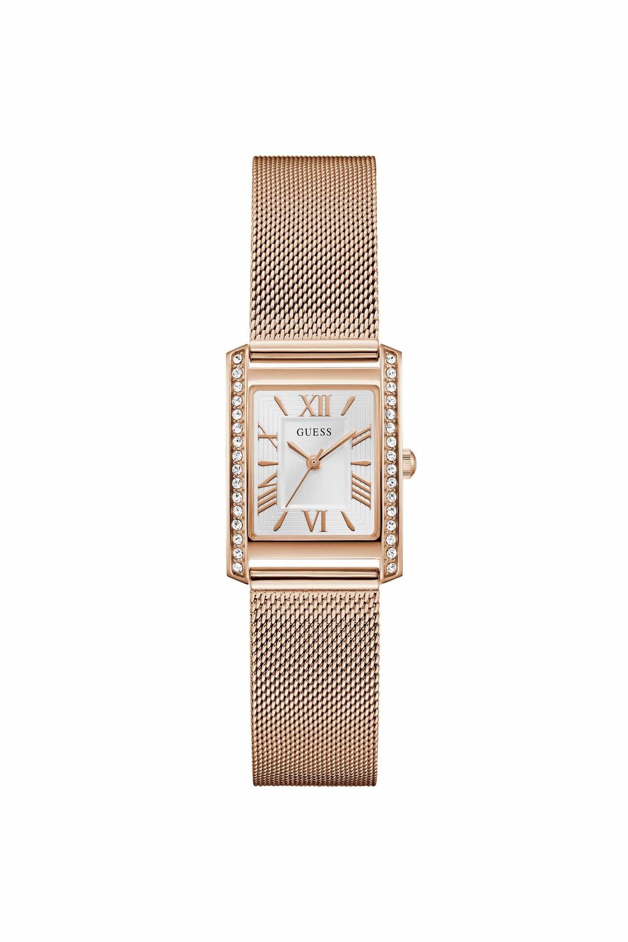 GUESS GW0997L3 Bonnet Women's Quartz Analog Watch White Dial Rose Gold-Tone Mesh Stainless Steel Bracelet
