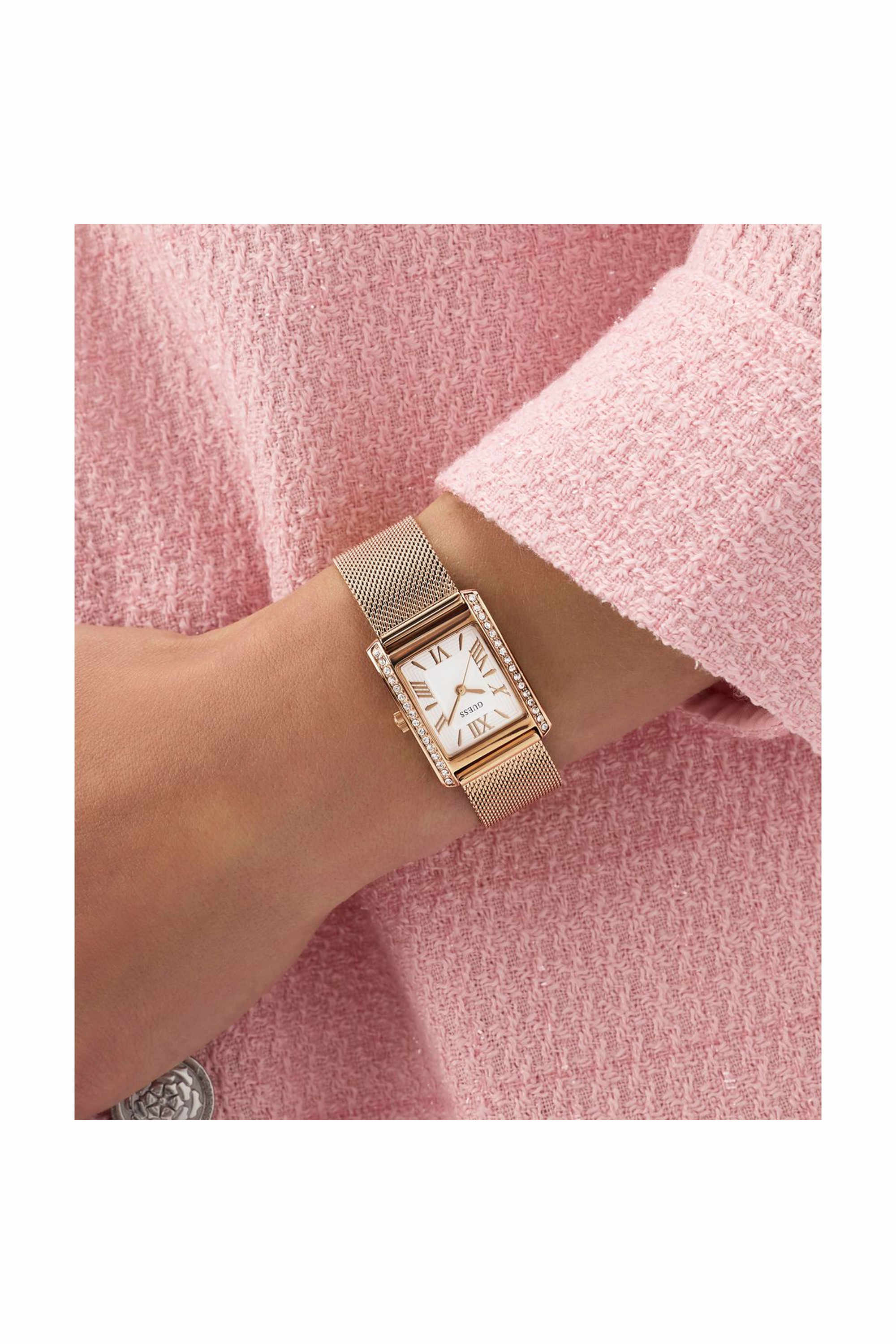 GUESS GW0997L3 Bonnet Women's Quartz Analog Watch White Dial Rose Gold-Tone Mesh Stainless Steel Bracelet