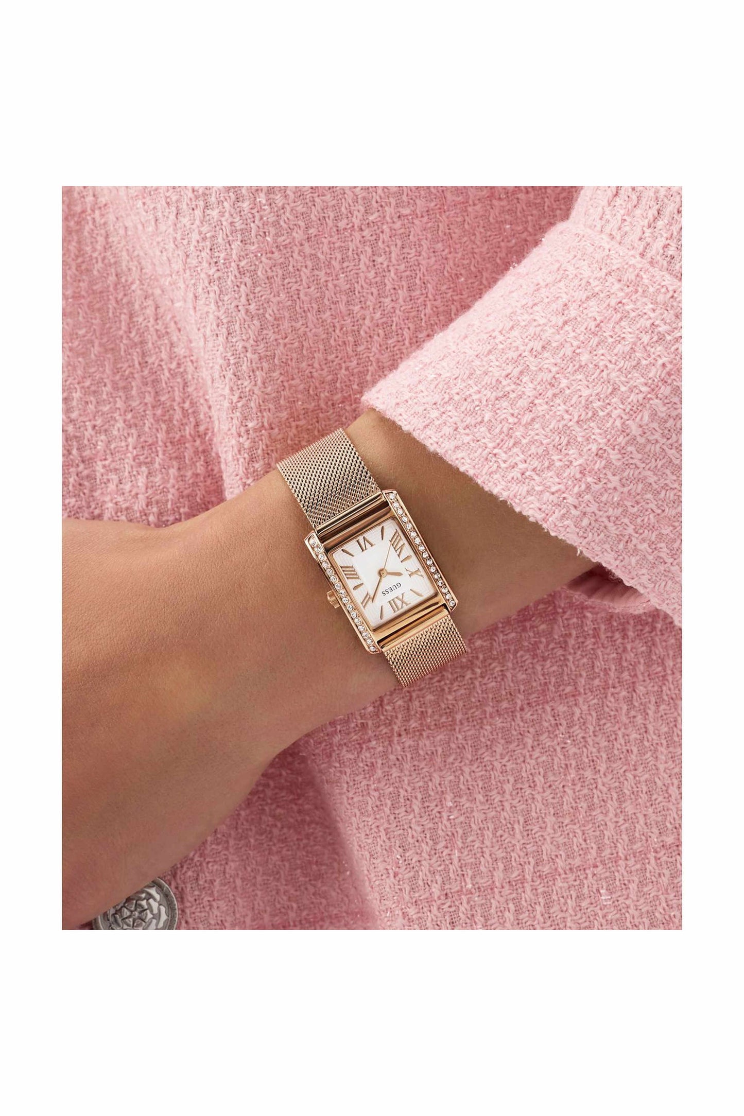 GUESS GW0997L3 Bonnet Women's Quartz Analog Watch White Dial Rose Gold-Tone Mesh Stainless Steel Bracelet