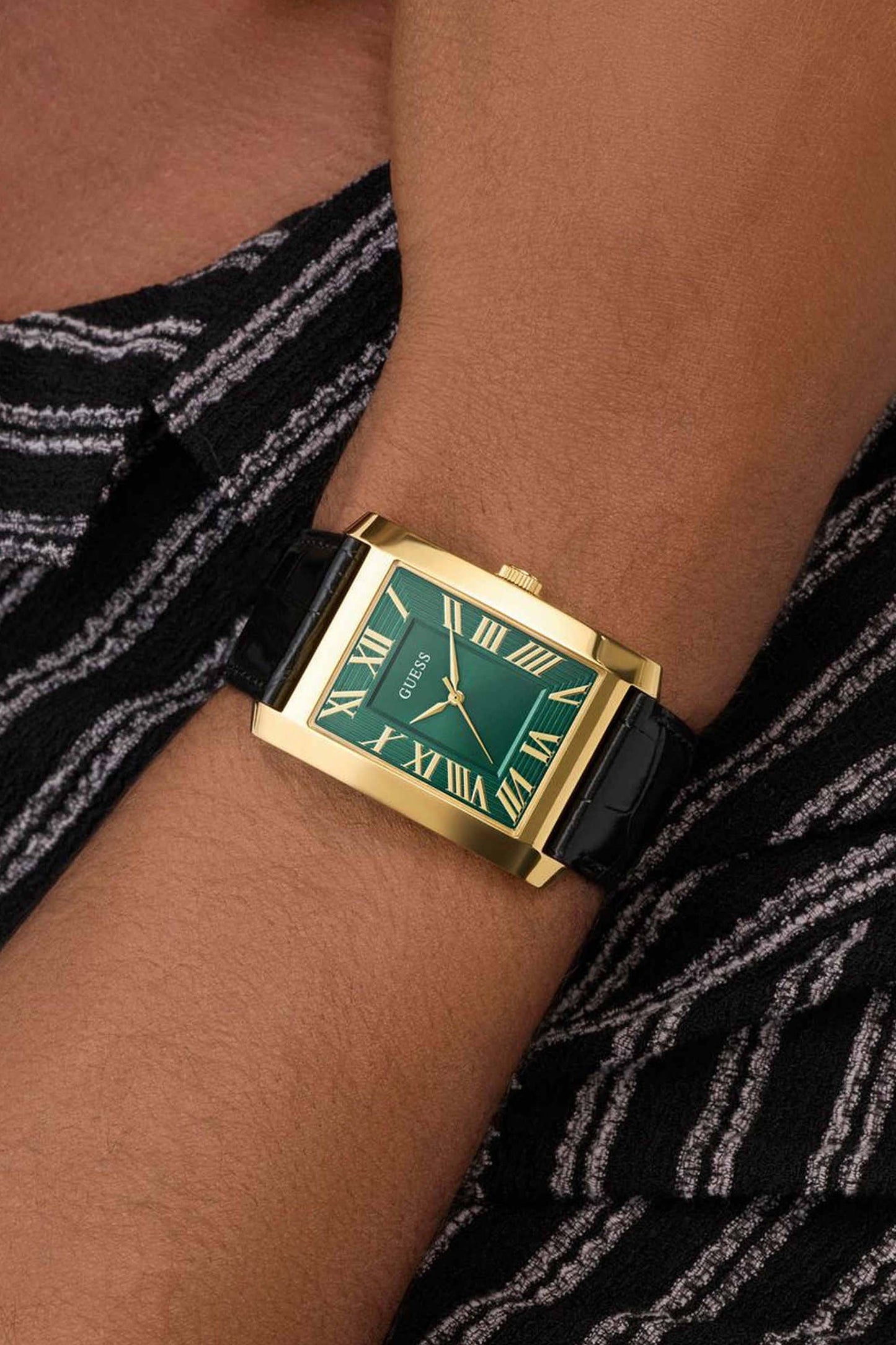 GUESS GW1003G3 Clyde Men's Quartz Analog Watch Emerald Green Dial Black Leather Strap