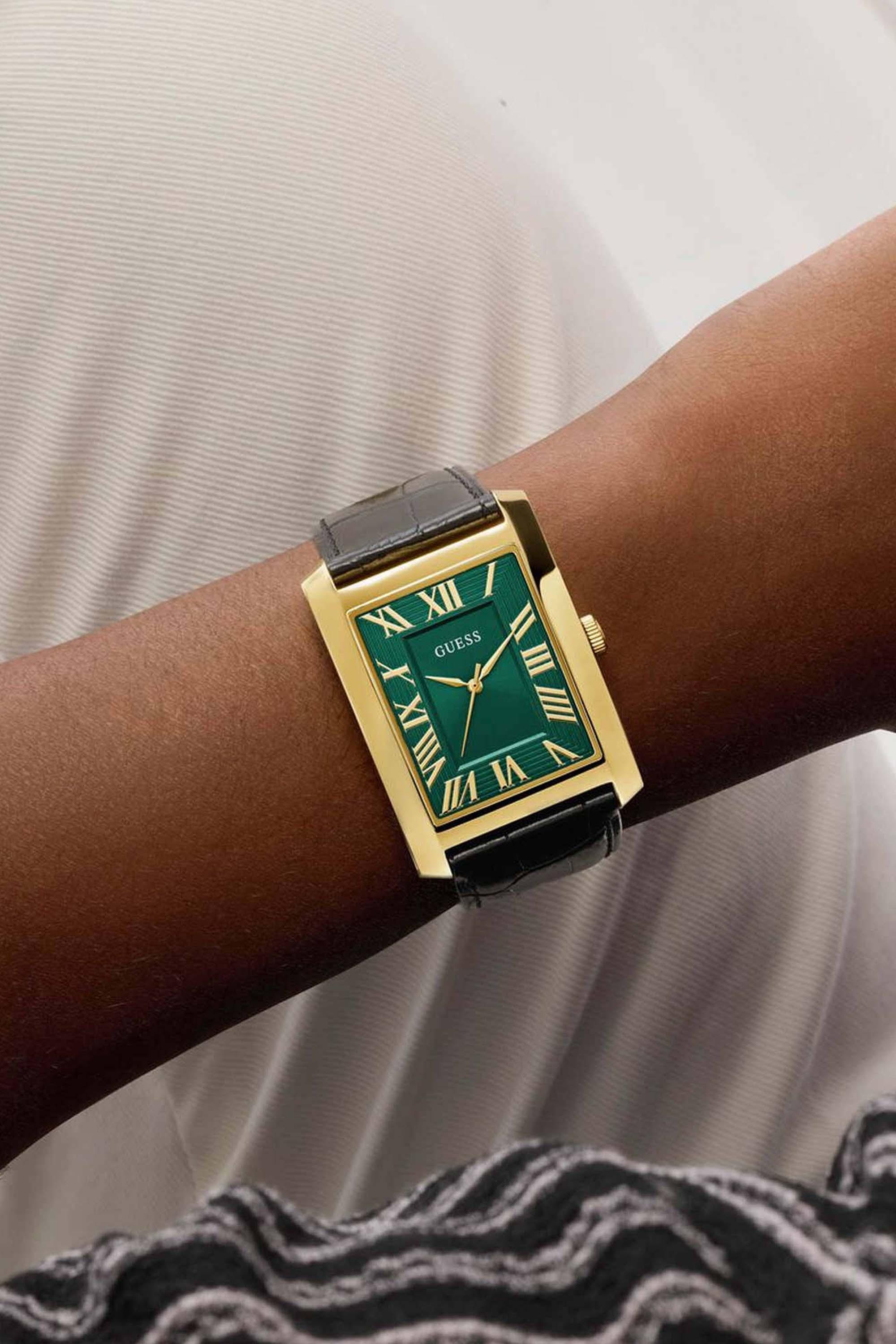 GUESS GW1003G3 Clyde Men's Quartz Analog Watch Emerald Green Dial Black Leather Strap