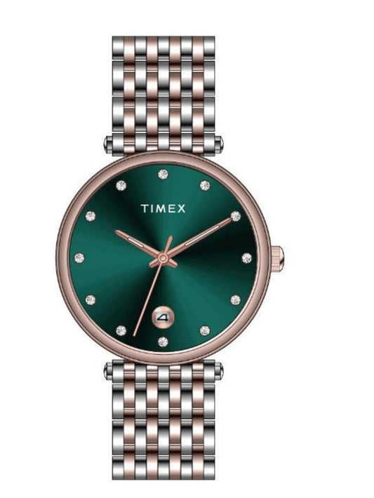 Timex TWEL21603 Women’s Green Dial Analog Watch with Stainless Steel Strap