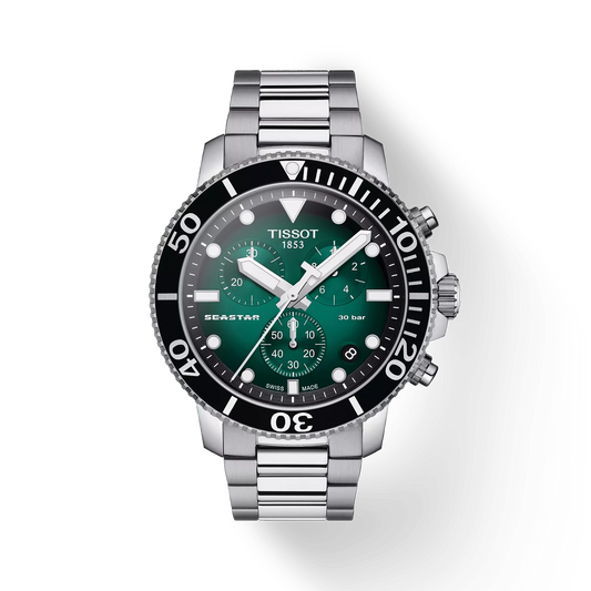 Tissot T1204171109101 Green Gradient Dial Men’s Swiss Quartz Seastar 1000 Chronograph Watch – Stainless Steel Case & Bracelet, Sapphire Crystal