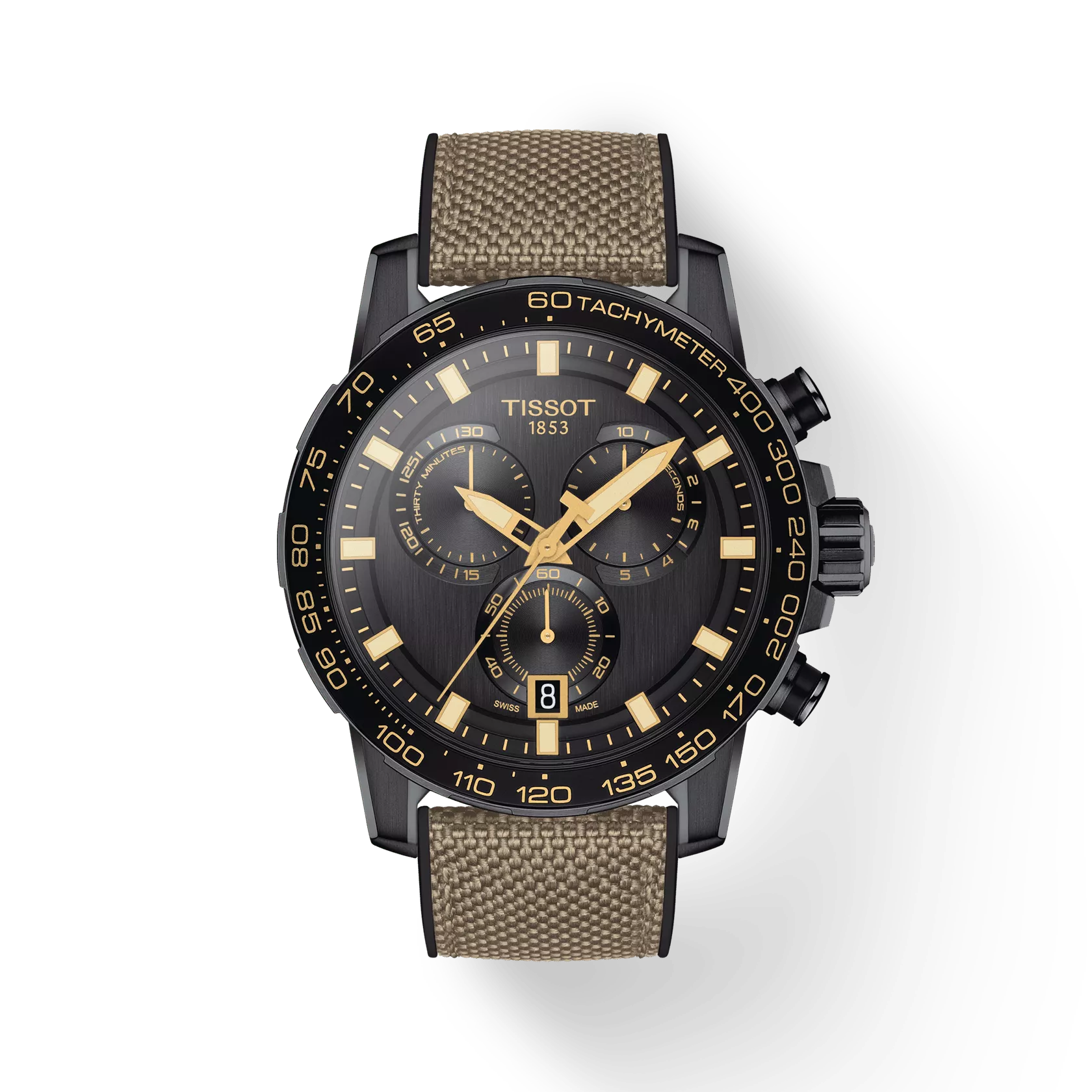 Tissot T1256173705101 Supersport Chrono Black Dial Black/Beige Strap Men Analog Quartz Chronograph 45.5 mm