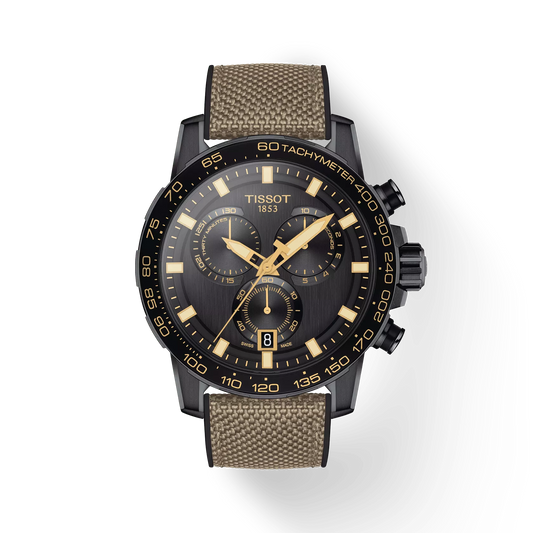 Tissot T1256173705101 Supersport Chrono Black Dial Black/Beige Strap Men Analog Quartz Chronograph 45.5 mm