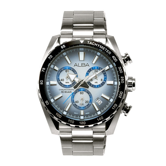Alba AX7011X1 Analog Quartz Men’s Chronograph Watch with Blue Dial & Silver Stainless Steel Strap