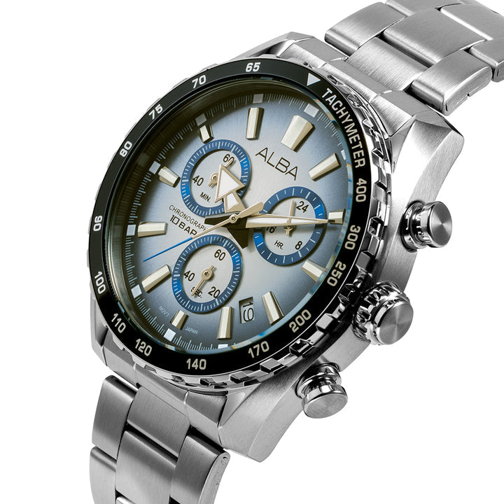 Alba AX7011X1 Analog Quartz Men’s Chronograph Watch with Blue Dial & Silver Stainless Steel Strap