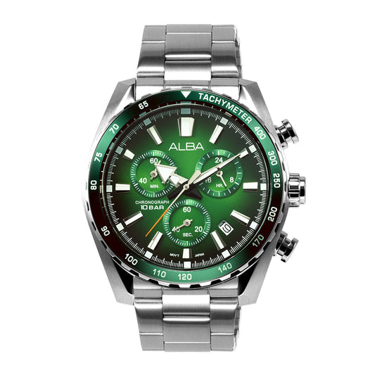 Alba AX7007X1 Men’s Chronograph Watch with Green Dial & Silver Stainless-Steel Strap