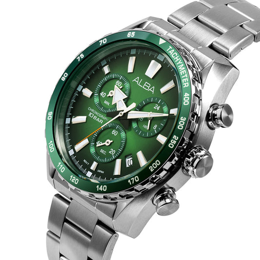 Alba AX7007X1 Men’s Chronograph Watch with Green Dial & Silver Stainless-Steel Strap