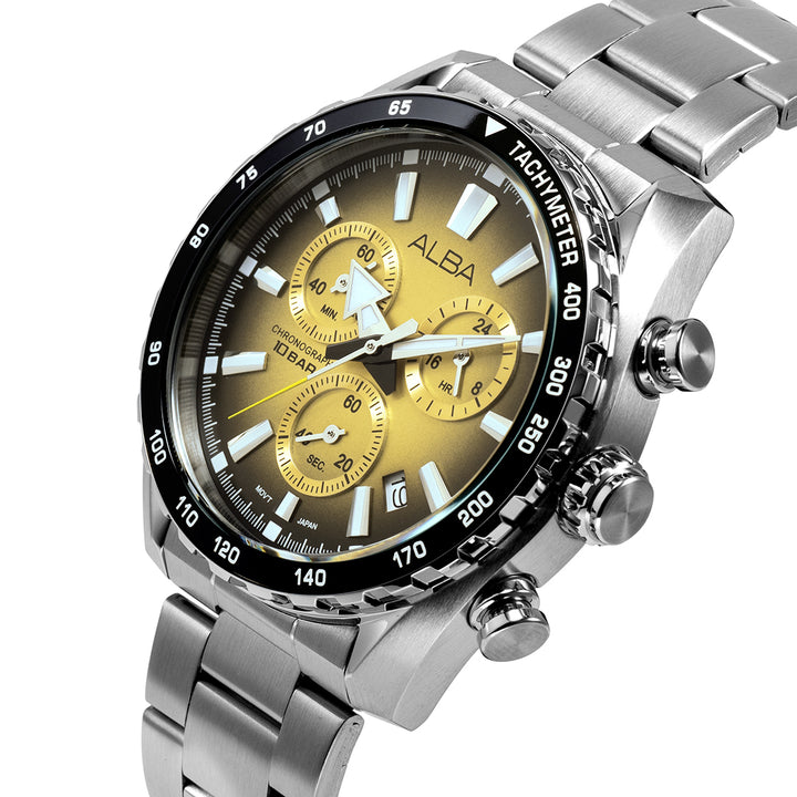 Alba AX7005X1 Men’s Gold Chronograph Watch with Metallic Gold Dial & Silver Stainless-Steel Strap