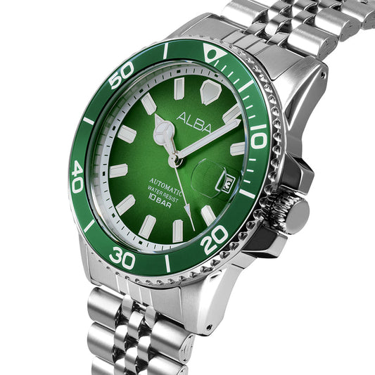 Alba AU4053X1 Men’s Automatic Watch with Forest Green Dial & Silver Stainless-Steel Strap