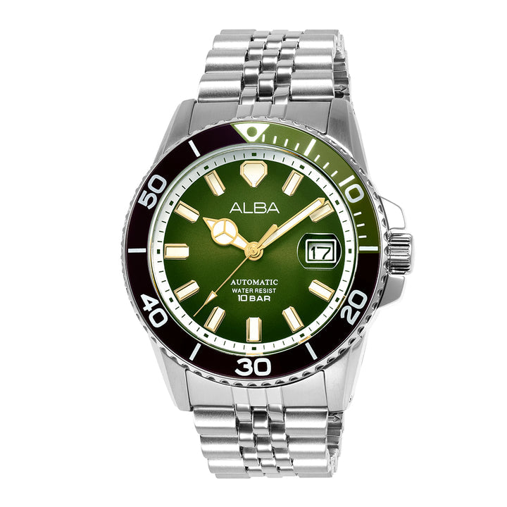 Alba AU4047X1 Analog Automatic Men’s Watch with Dark Olive Green Dial & Silver Stainless Steel Strap