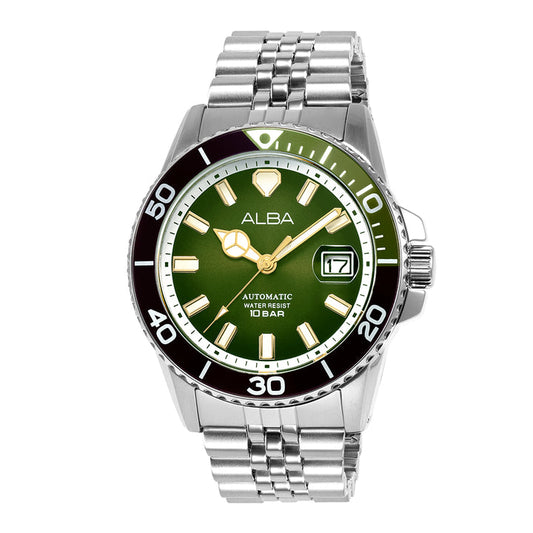 Alba AU4047X1 Analog Automatic Men’s Watch with Dark Olive Green Dial & Silver Stainless Steel Strap