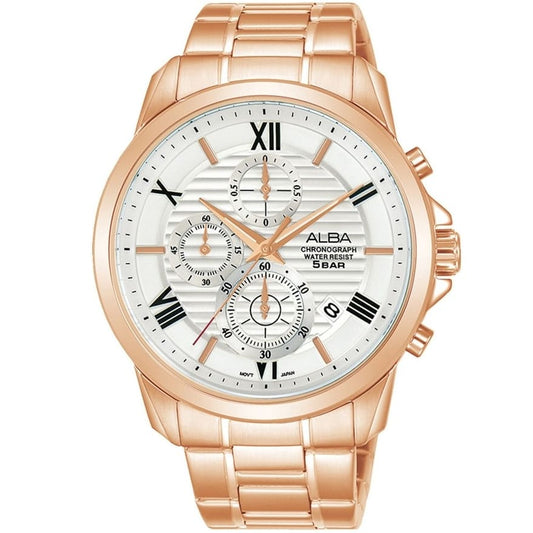 Alba AM3770X1 Analog Quartz Men’s Chronograph Watch with Silver Dial & Rose Gold Stainless Steel Strap