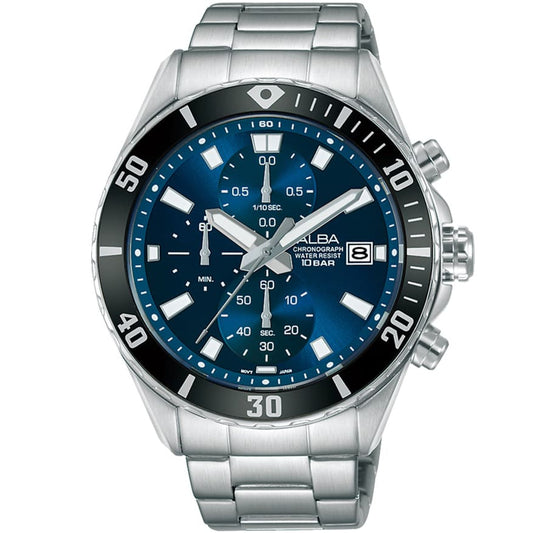 Alba AM3809X1 Men’s Chronograph Watch with Blue Dial, Silver Stainless-Steel Strap