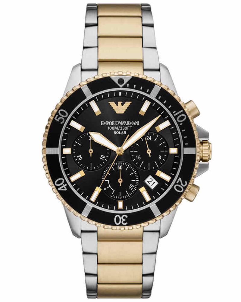 Emporio Armani AR11680I World Explorer Men's Solar Chronograph Black Dial Two-Tone Stainless Steel Watch