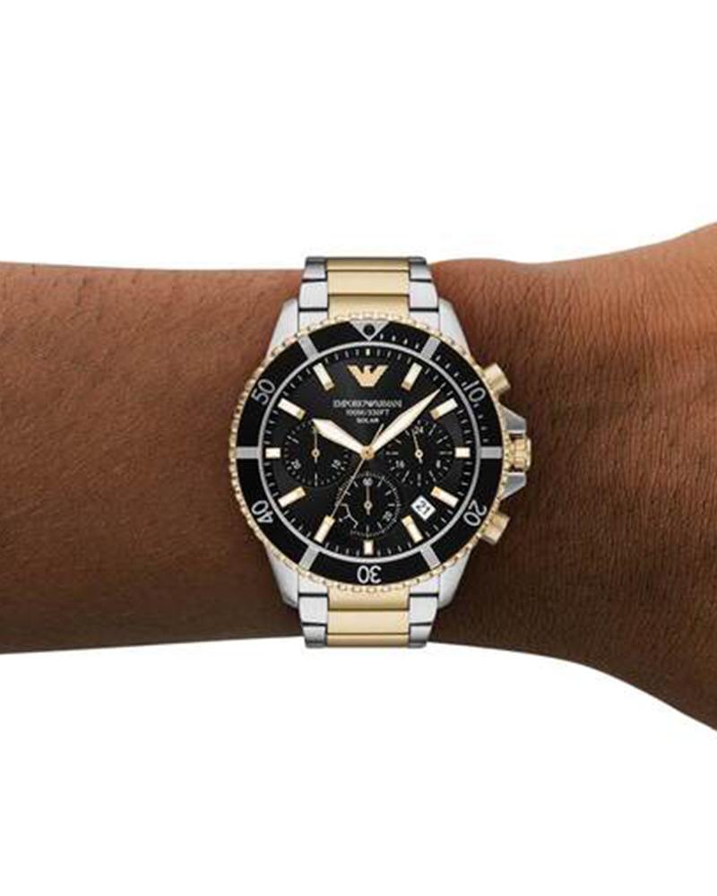 Emporio Armani AR11680I World Explorer Men's Solar Chronograph Black Dial Two-Tone Stainless Steel Watch