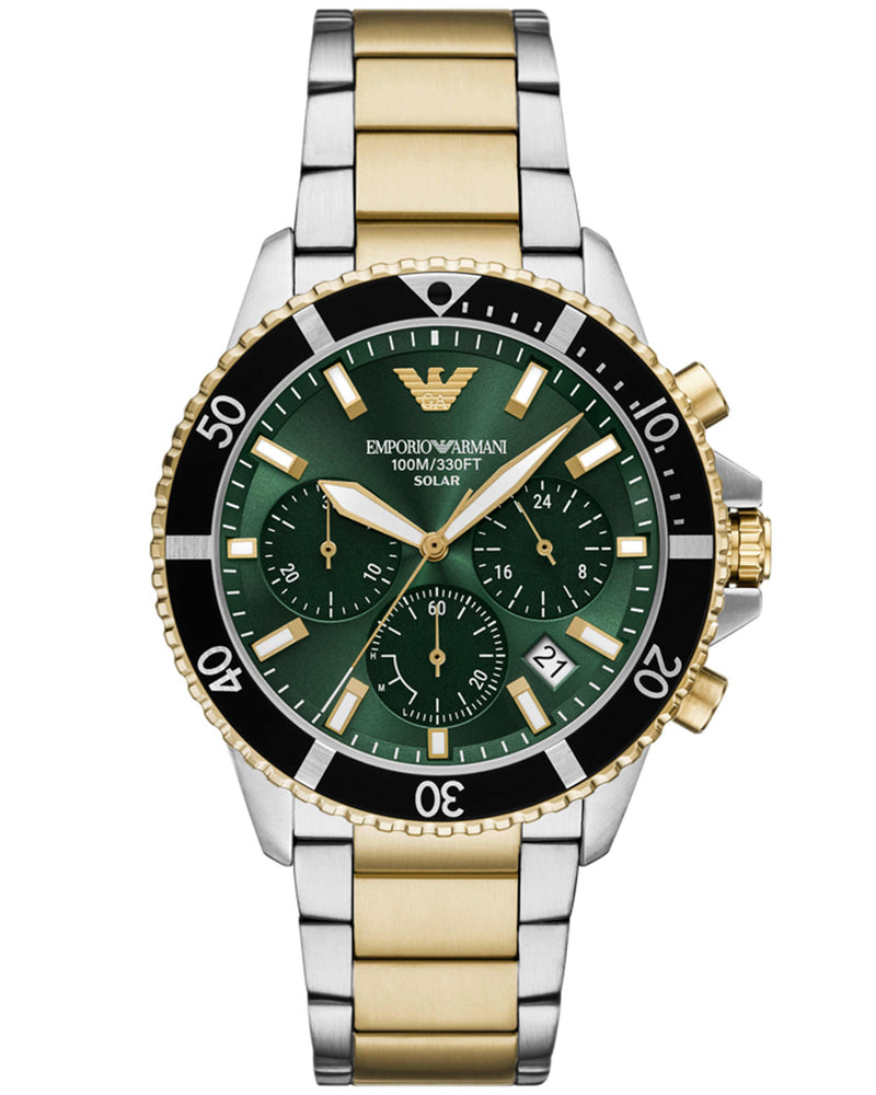 Emporio Armani AR11695I World Explorer Men's Solar Chronograph Green Dial Two-Tone Stainless Steel Watch