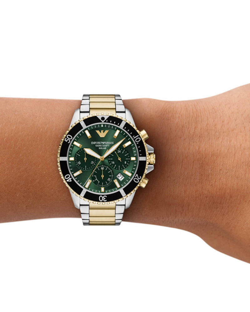 Emporio Armani AR11695I World Explorer Men's Solar Chronograph Green Dial Two-Tone Stainless Steel Watch