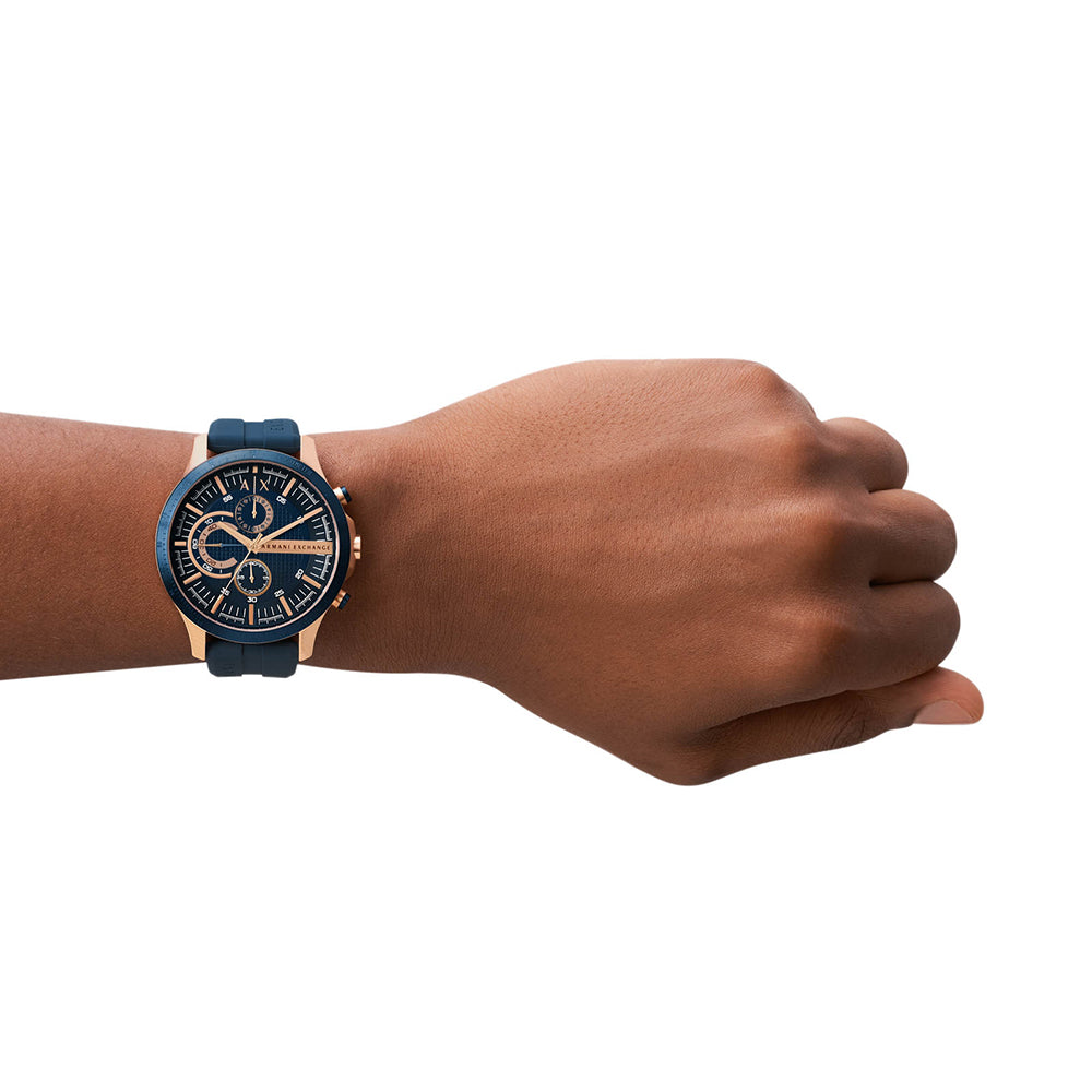 Armani Exchange AX2440I Men's Quartz Chronograph Watch Blue Textured Dial Blue Silicone Strap