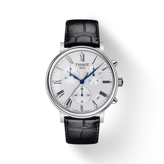 Tissot T1224171603300 Carson Premium Chronograph Silver Dial Black Leather Strap Men Analog Quartz Watch 41 mm