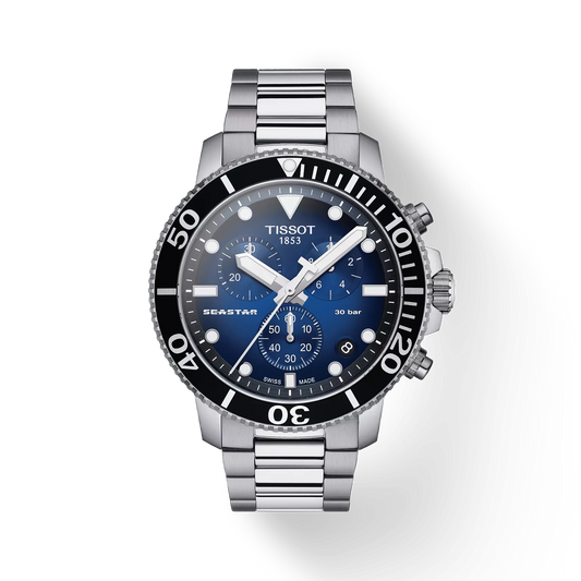 Tissot T1204171104101 Blue Gradient Dial Men’s Swiss Quartz Seastar 1000 Chronograph Watch – Stainless Steel Case & Bracelet, Sapphire Crystal
