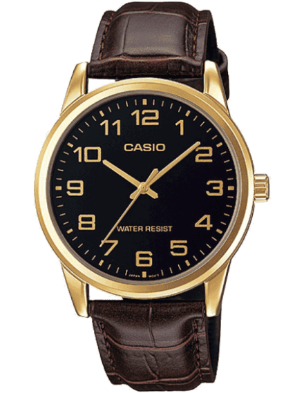 Casio A1084 Enticer Men’s Quartz Analog Watch with Black Dial, Brown Leather Strap