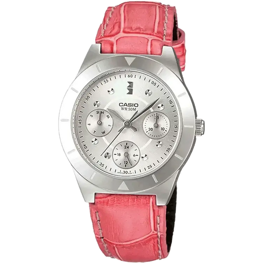 Casio A532 Analog Quartz Women’s Enticer Watch | Rose Gold & White Dial | Pink Leather Strap | 50 m Water Resistant