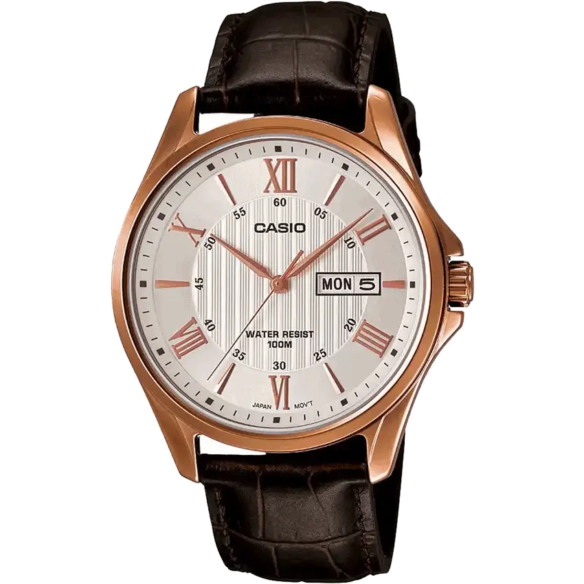 Casio A882 Analog Quartz Men’s Enticer Watch | MTP-1384L-7AVDF | White Dial | Brown Leather Strap | Day & Date | 100 m Water Resistant