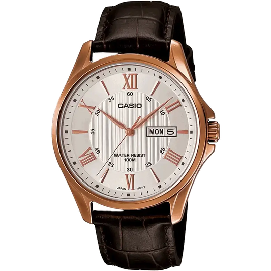 Casio A882 Analog Quartz Men’s Enticer Watch | MTP-1384L-7AVDF | White Dial | Brown Leather Strap | Day & Date | 100 m Water Resistant