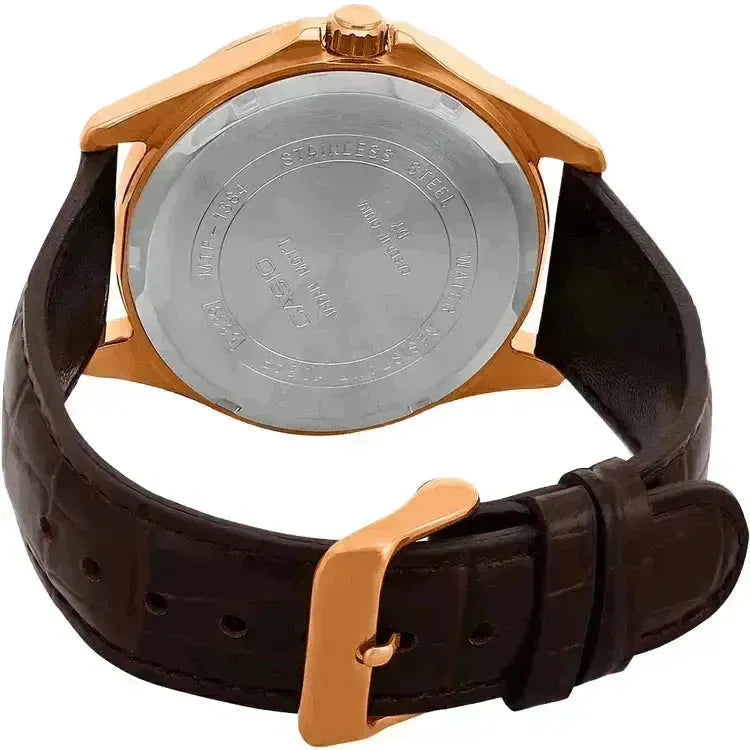 Casio A882 Analog Quartz Men’s Enticer Watch | MTP-1384L-7AVDF | White Dial | Brown Leather Strap | Day & Date | 100 m Water Resistant