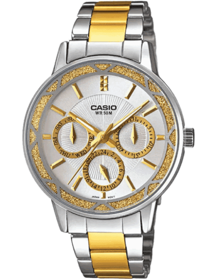 Casio A905 Enticer Women’s Quartz Analog Watch with Two-Tone Silver & Gold Bracelet, White Dial