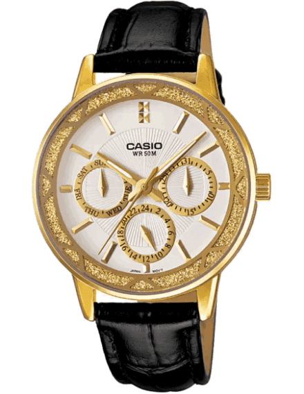 Casio A909 Enticer Women’s Quartz Analog Watch with White Dial, Black Leather Strap